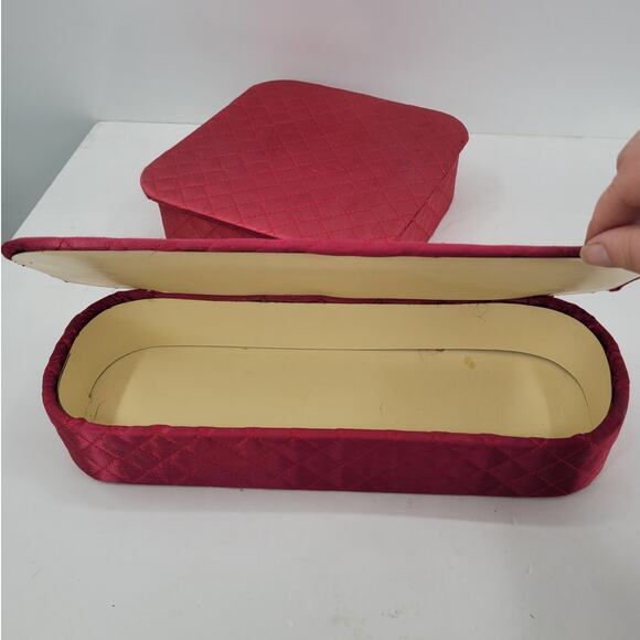 Vintage 50s Cochette Pink Fuchsia‎ Quilted Gloves Hanky Accessories Trinket Box - Picture 11 of 14